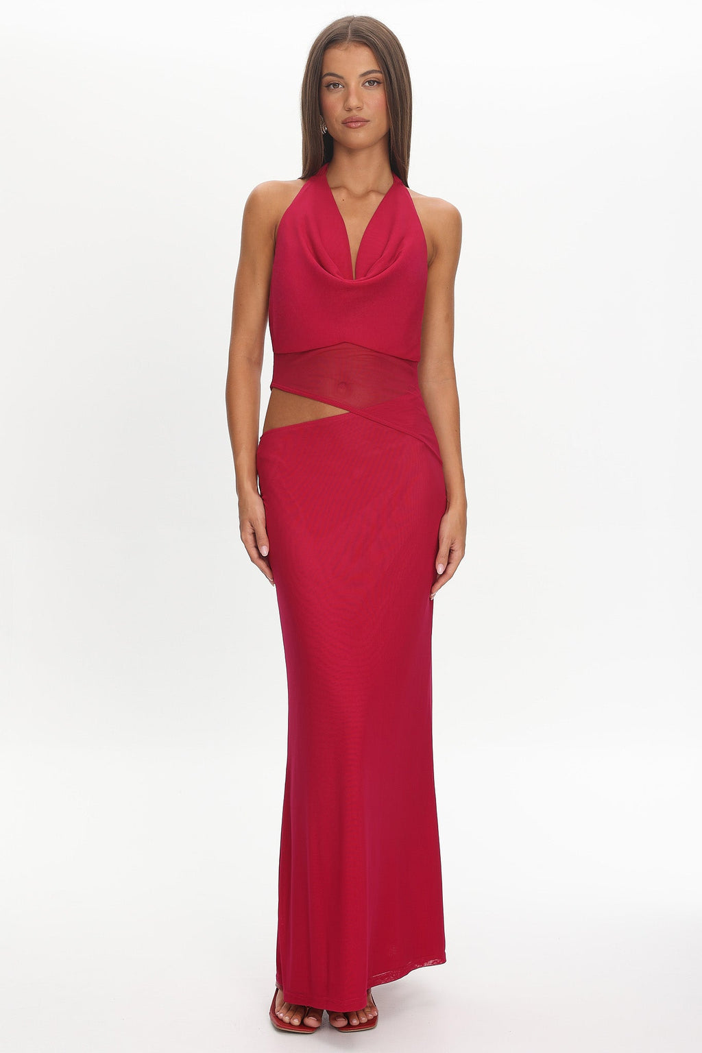 Playing Games Cut-Out Cowl Halter Dress Berry