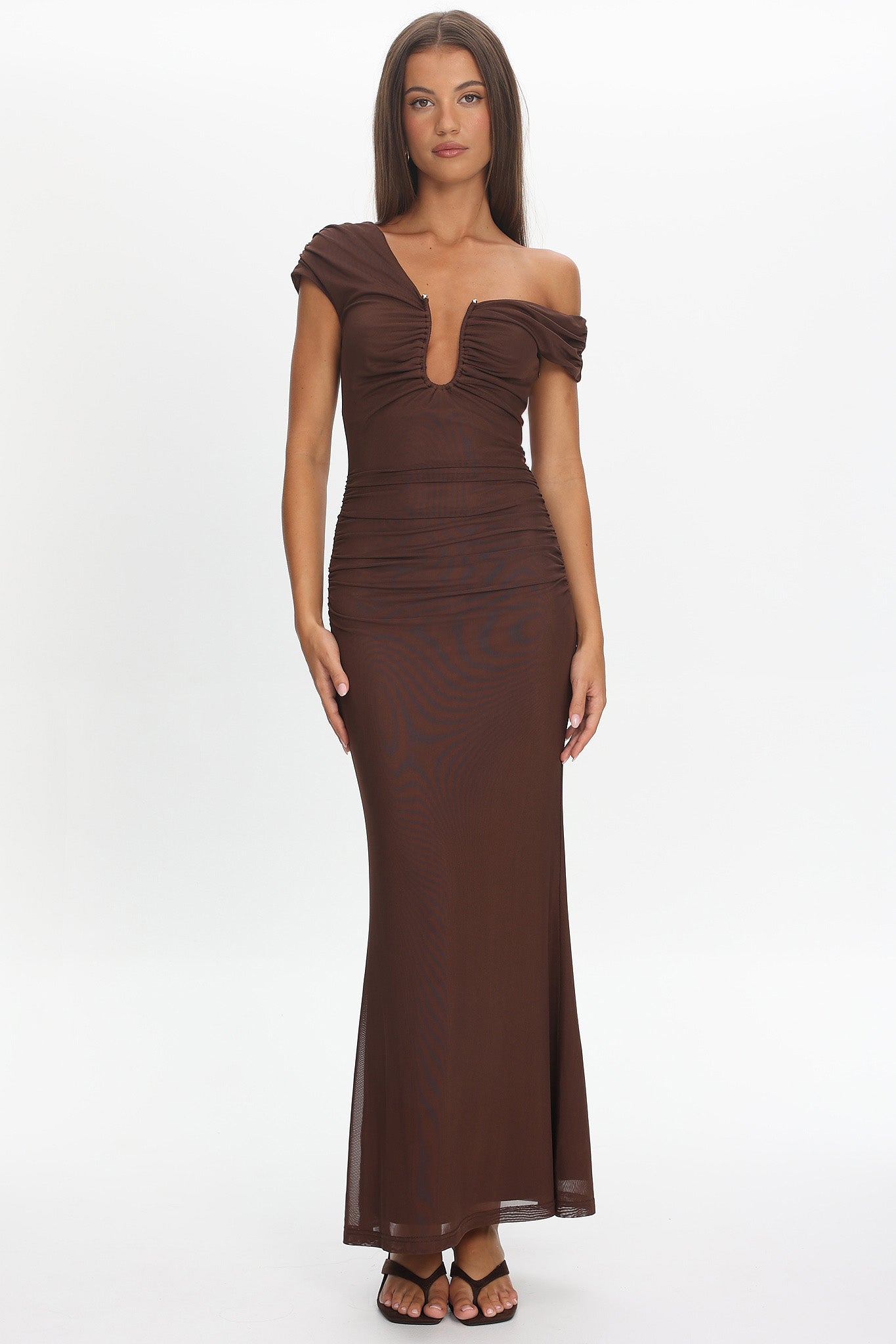 Raeva Ruched U-Neckline Maxi Dress Chocolate