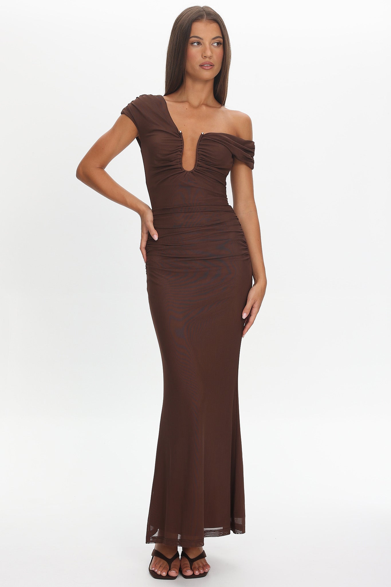 Raeva Ruched U-Neckline Maxi Dress Chocolate