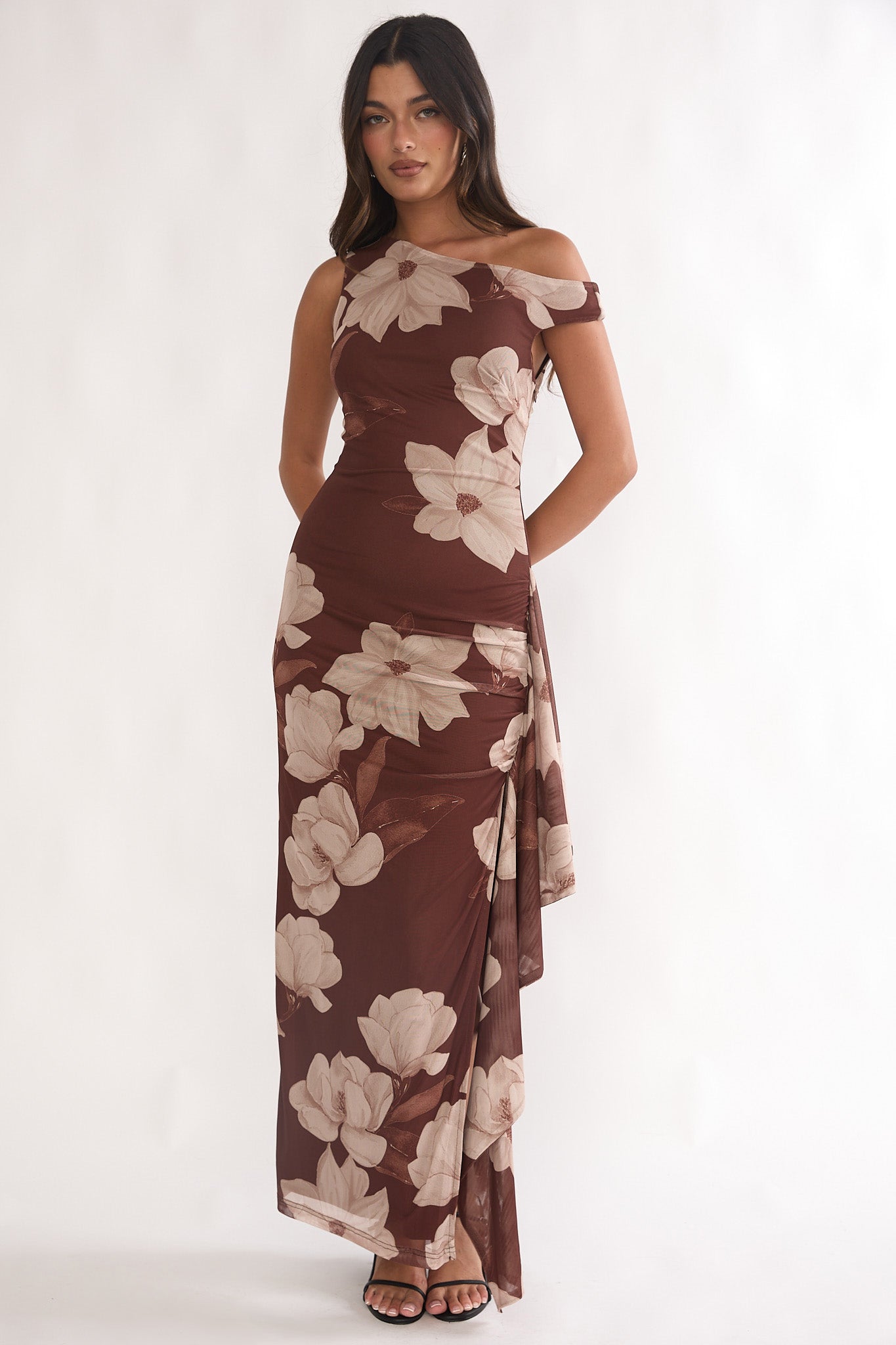 Raphaella Asymmetric Neckline Split Maxi Dress Magnolia Brown