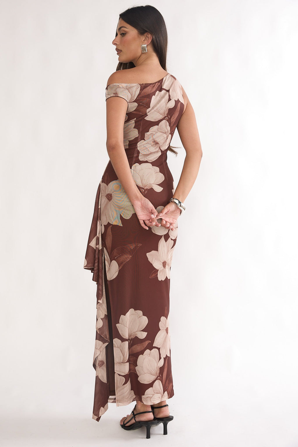 Raphaella Asymmetric Neckline Split Maxi Dress Magnolia Brown