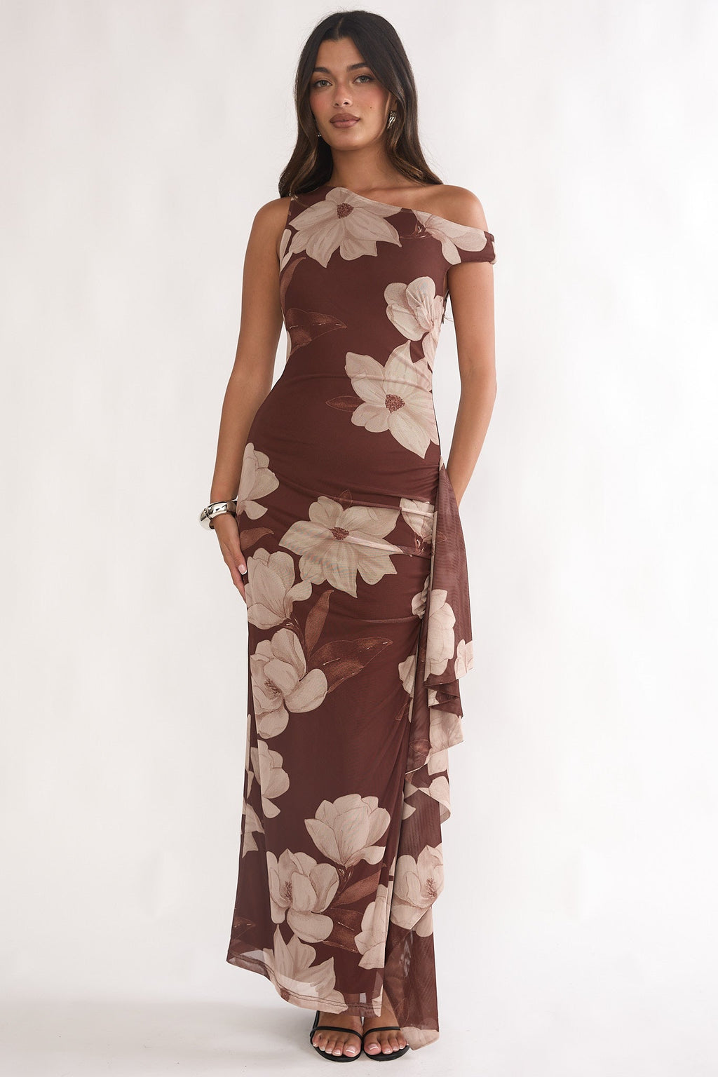Raphaella Asymmetric Neckline Split Maxi Dress Magnolia Brown