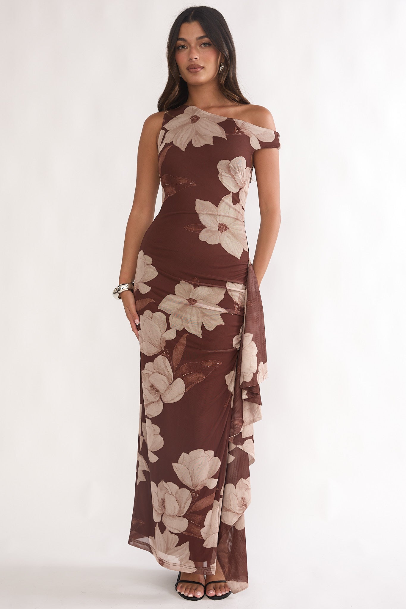 Raphaella Asymmetric Neckline Split Maxi Dress Magnolia Brown