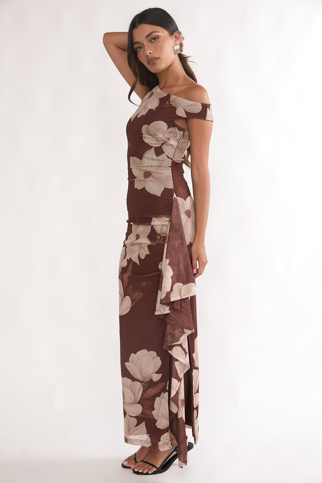 Raphaella Asymmetric Neckline Split Maxi Dress Magnolia Brown