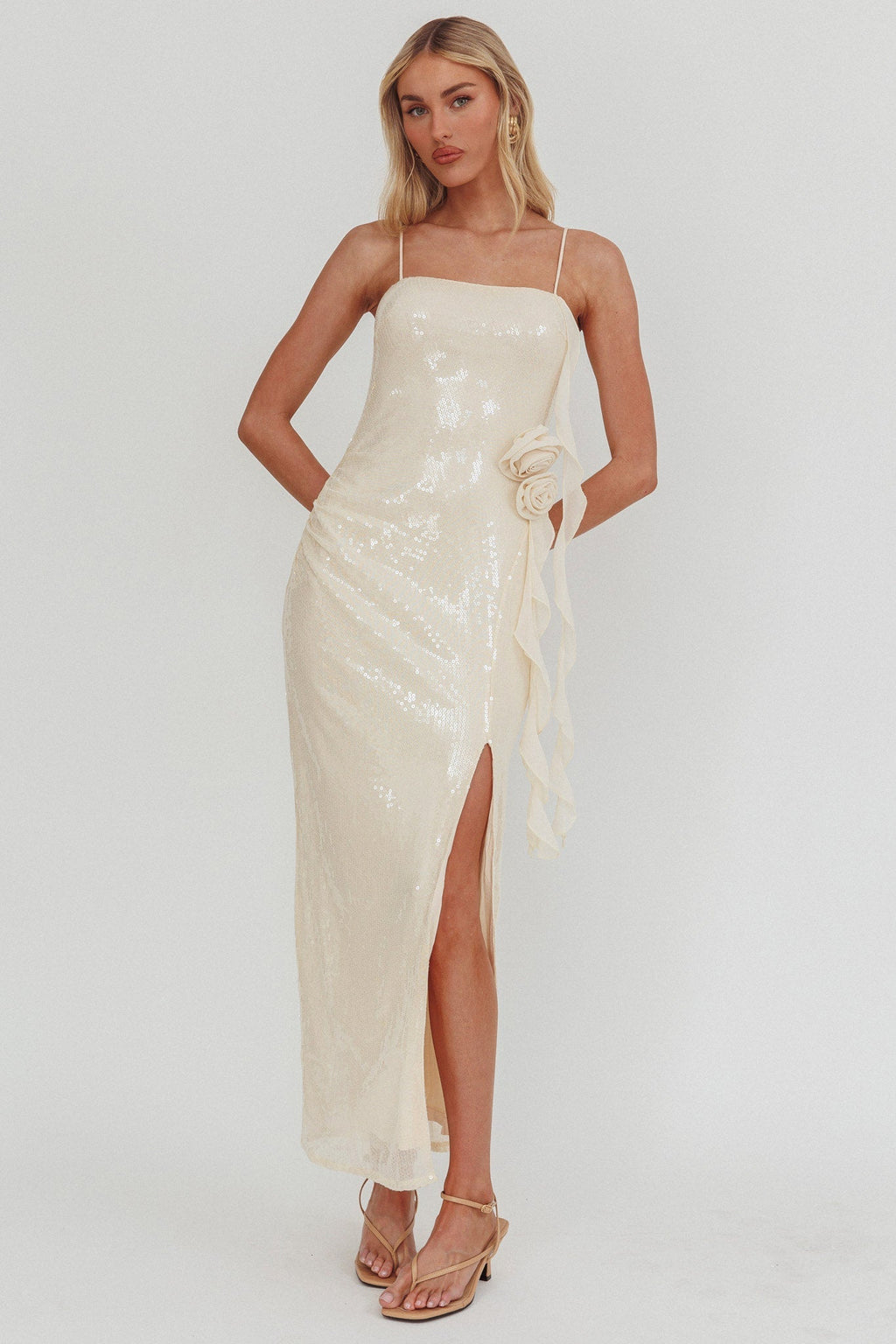 She Glows Cami Strap Sequin Maxi Dress Champagne