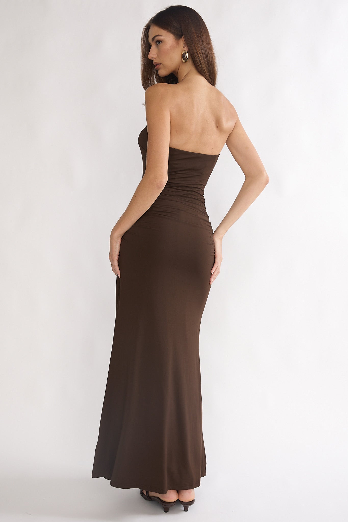 Klaudia Strapless Ruched Waist Maxi Dress Chocolate