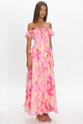 Scarlet Off-Shoulder Ruffle Trim Maxi Dress Print Pink