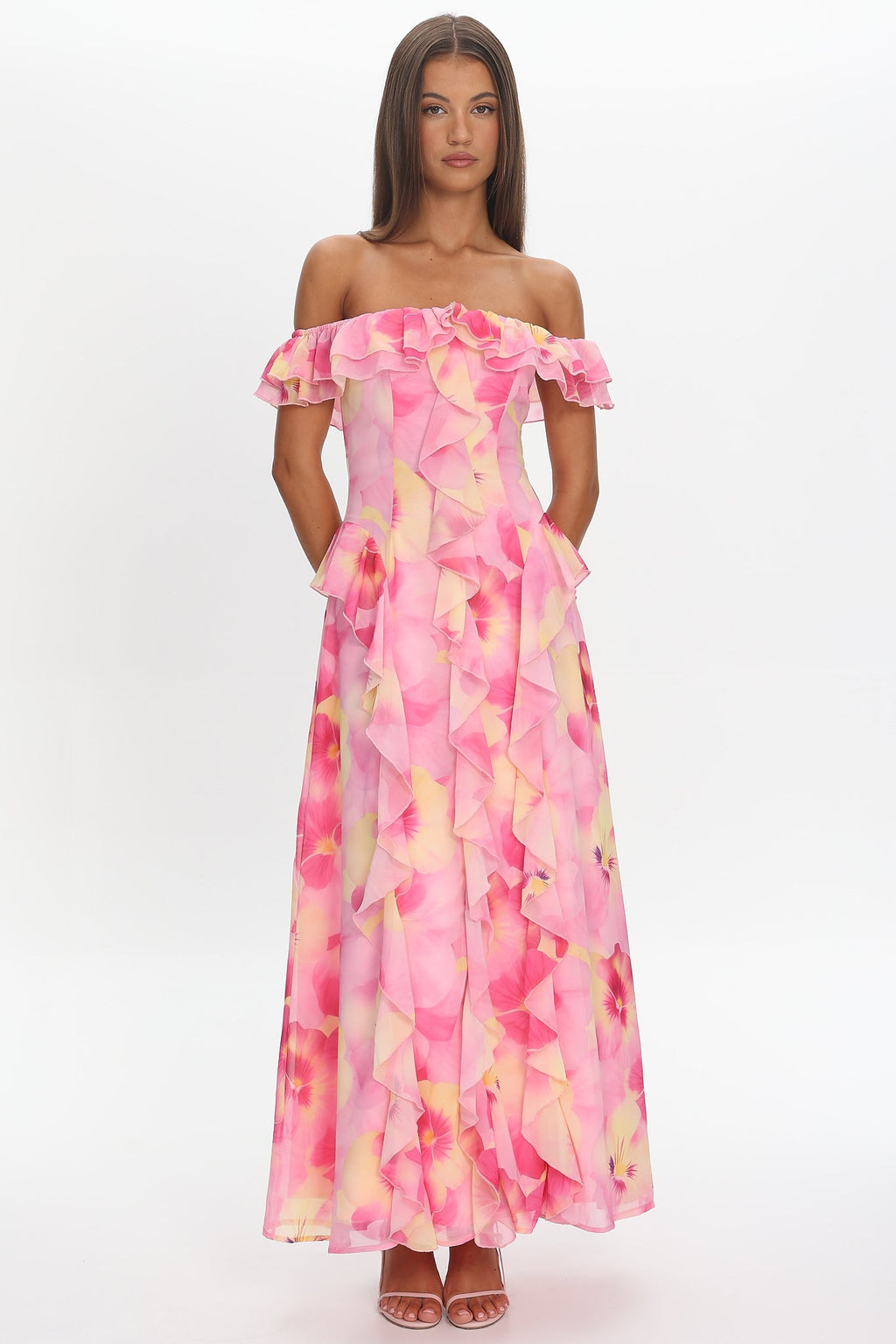Scarlet Off-Shoulder Ruffle Trim Maxi Dress Print Pink