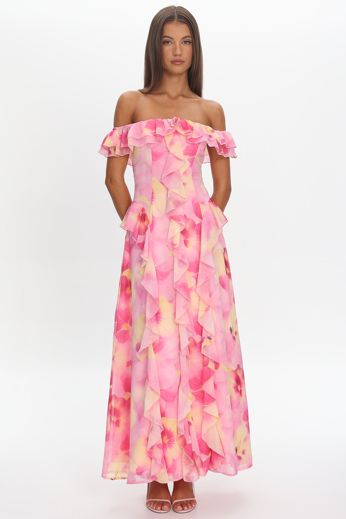 Scarlet Off-Shoulder Ruffle Trim Maxi Dress Print Pink