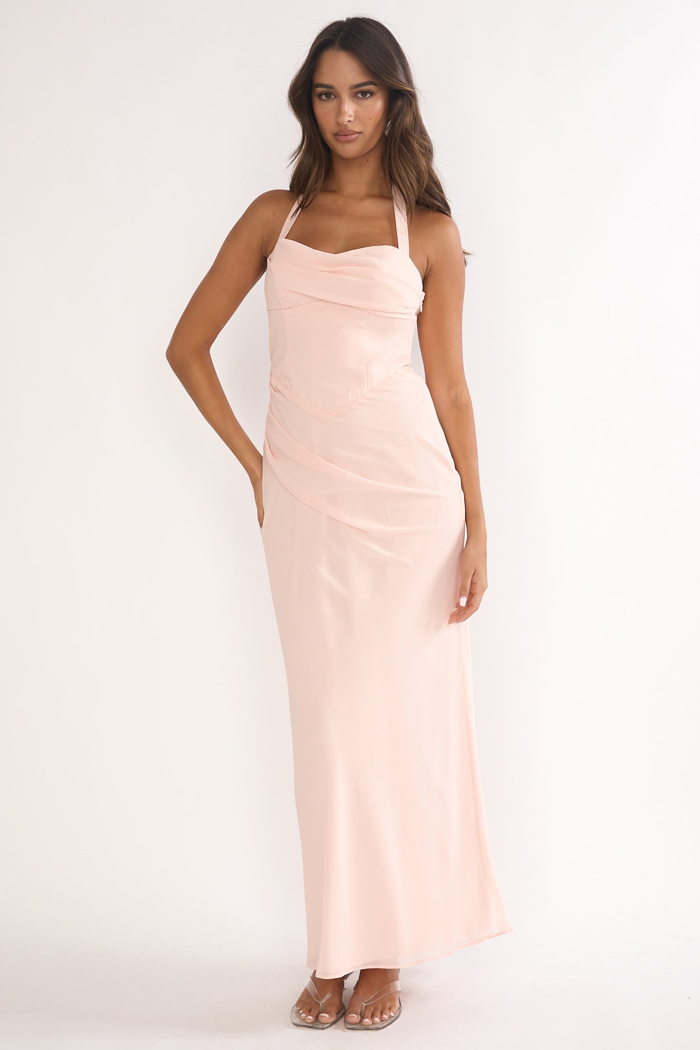 Rovelle Halterneck Pleat Waist Maxi Dress Pink