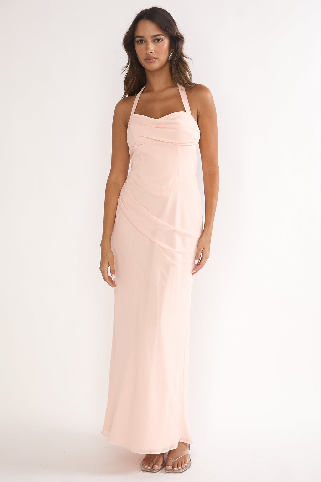 Rovelle Halterneck Pleat Waist Maxi Dress Pink