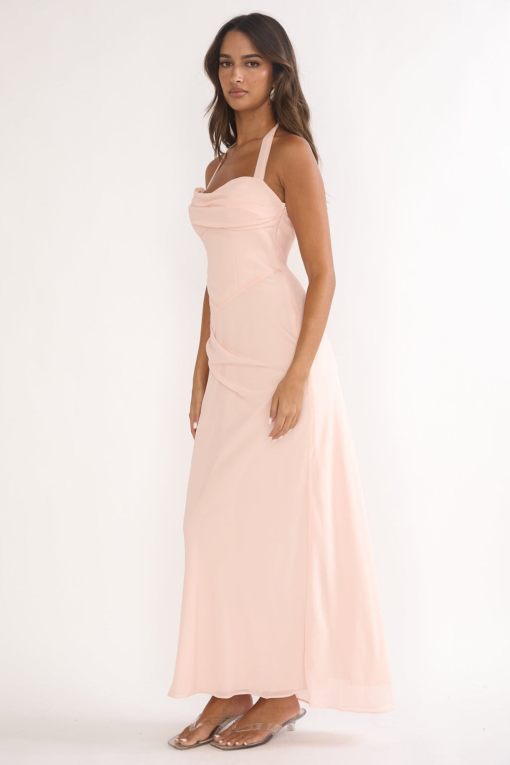 Rovelle Halterneck Pleat Waist Maxi Dress Pink