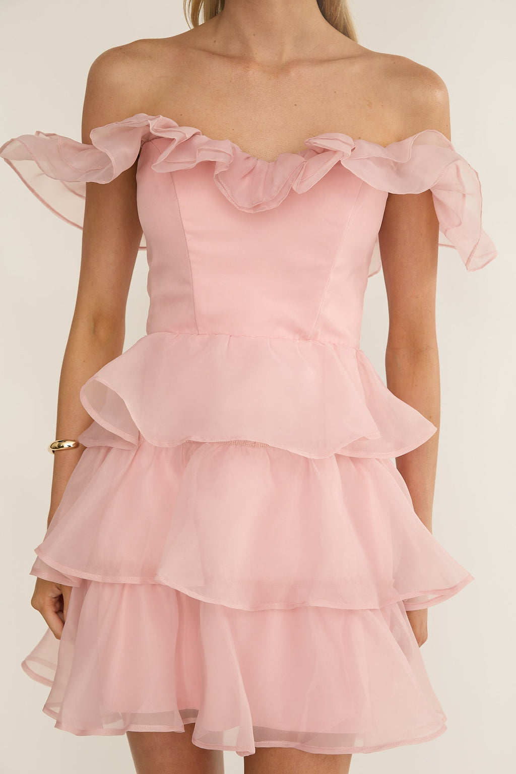 Rosira Off-Shoulder Ruffle Mini Dress Pink