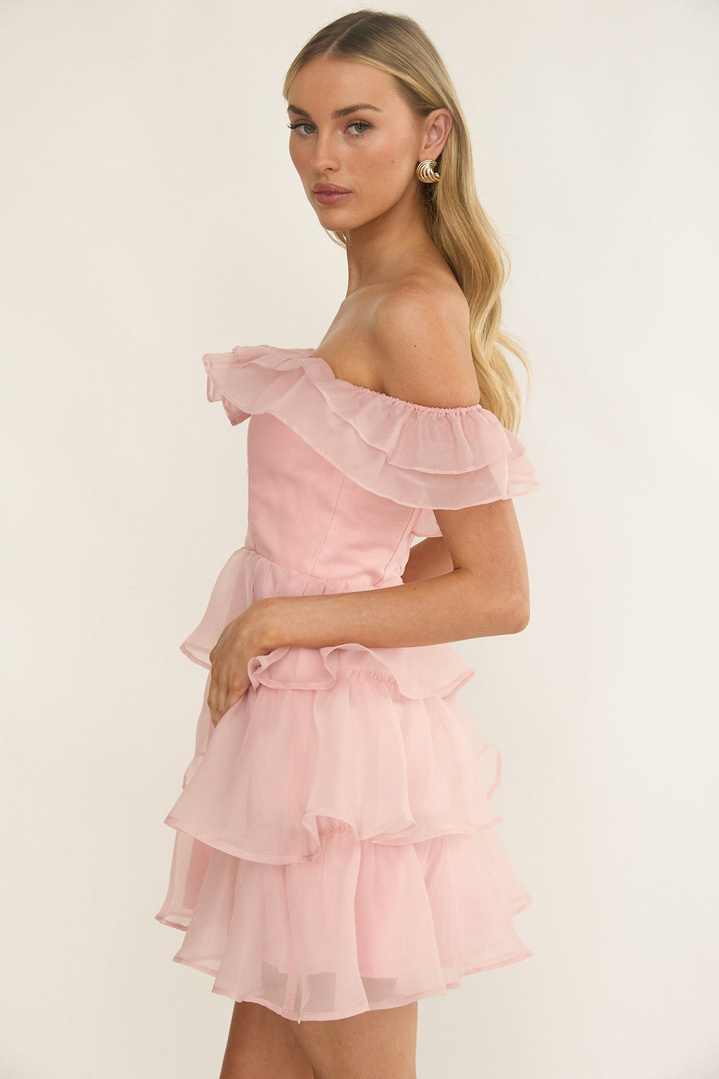 Rosira Off-Shoulder Ruffle Mini Dress Pink