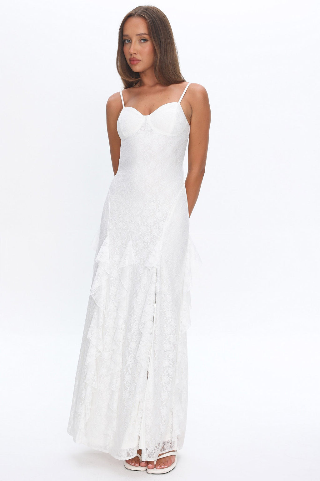 Onique Lace-Up Back Split Maxi Dress Lace White