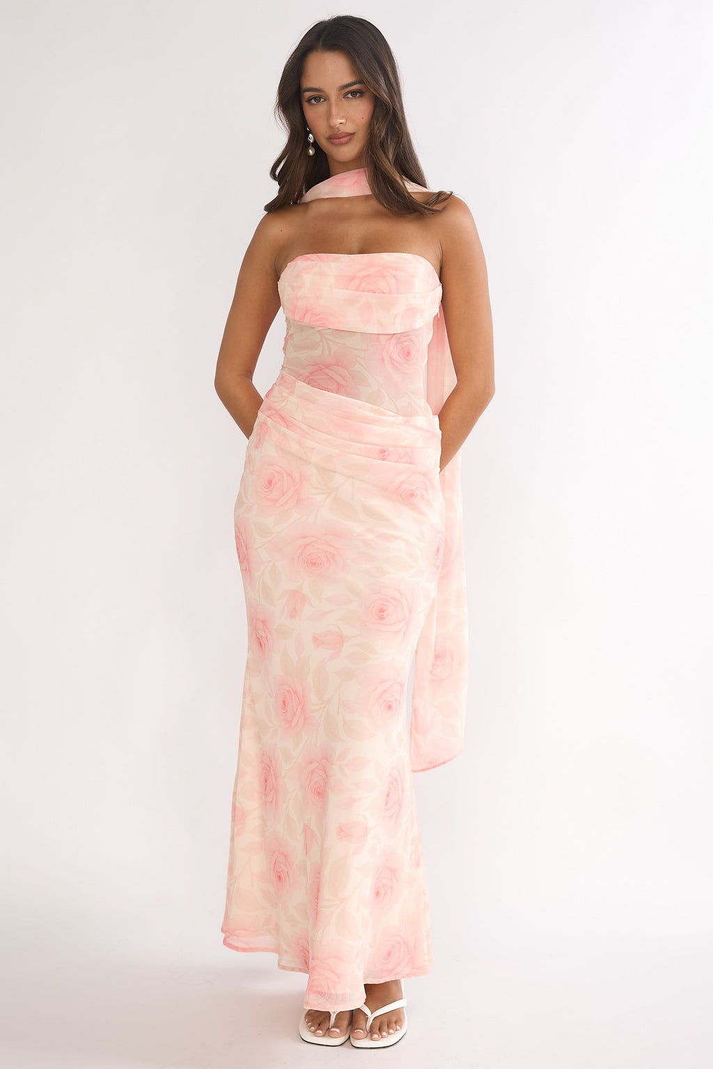 Unforgettable Day Drape Waist Strapless Maxi Dress Roses Floral