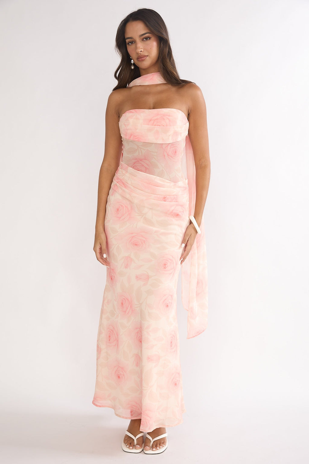 Unforgettable Day Drape Waist Strapless Maxi Dress Roses Floral