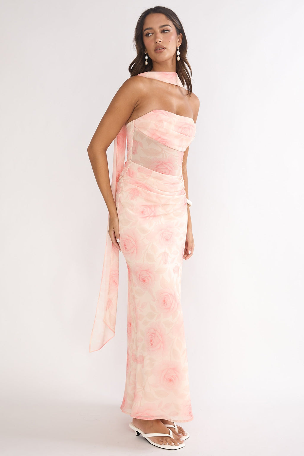 Unforgettable Day Drape Waist Strapless Maxi Dress Roses Floral