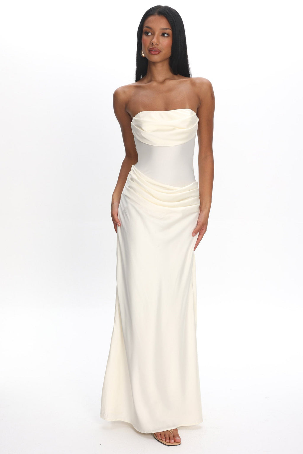 Unforgettable Day Drape Waist Strapless Maxi Dress Cream