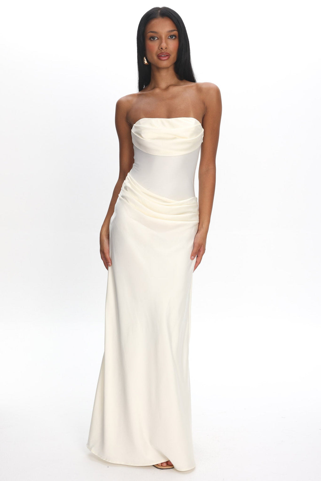 Unforgettable Day Drape Waist Strapless Maxi Dress Cream