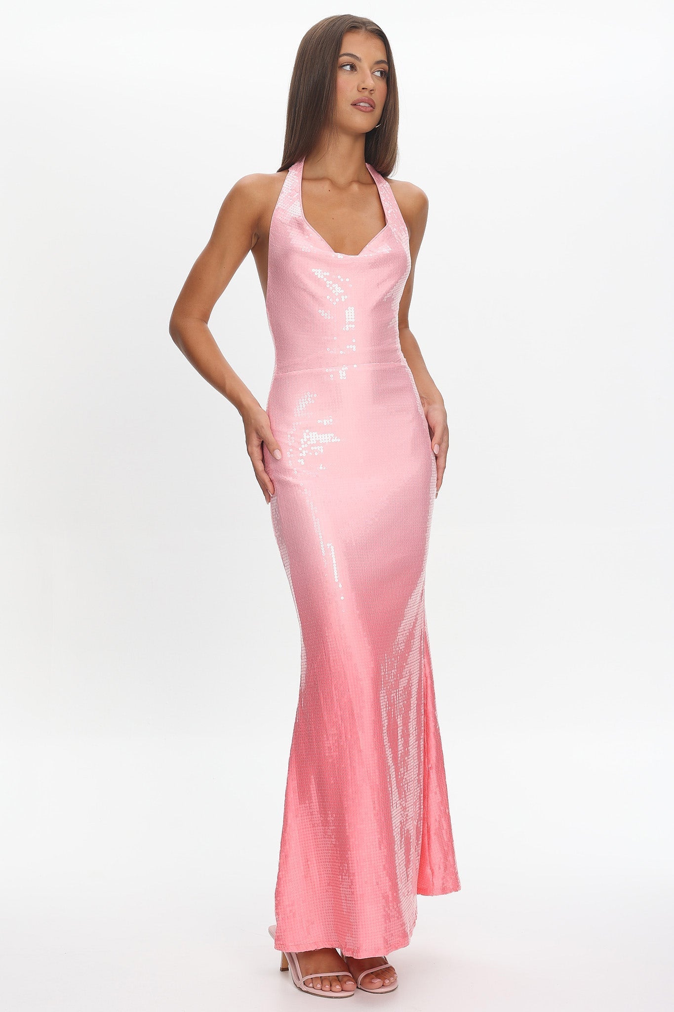 Koral Halter Sequin Maxi Dress Gradient Pink