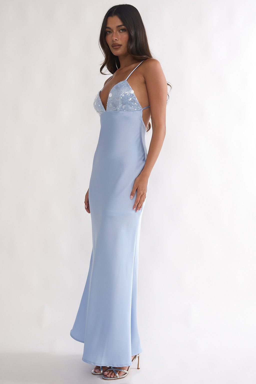 Brynn Sequin Bust Open Back Maxi Dress Blue