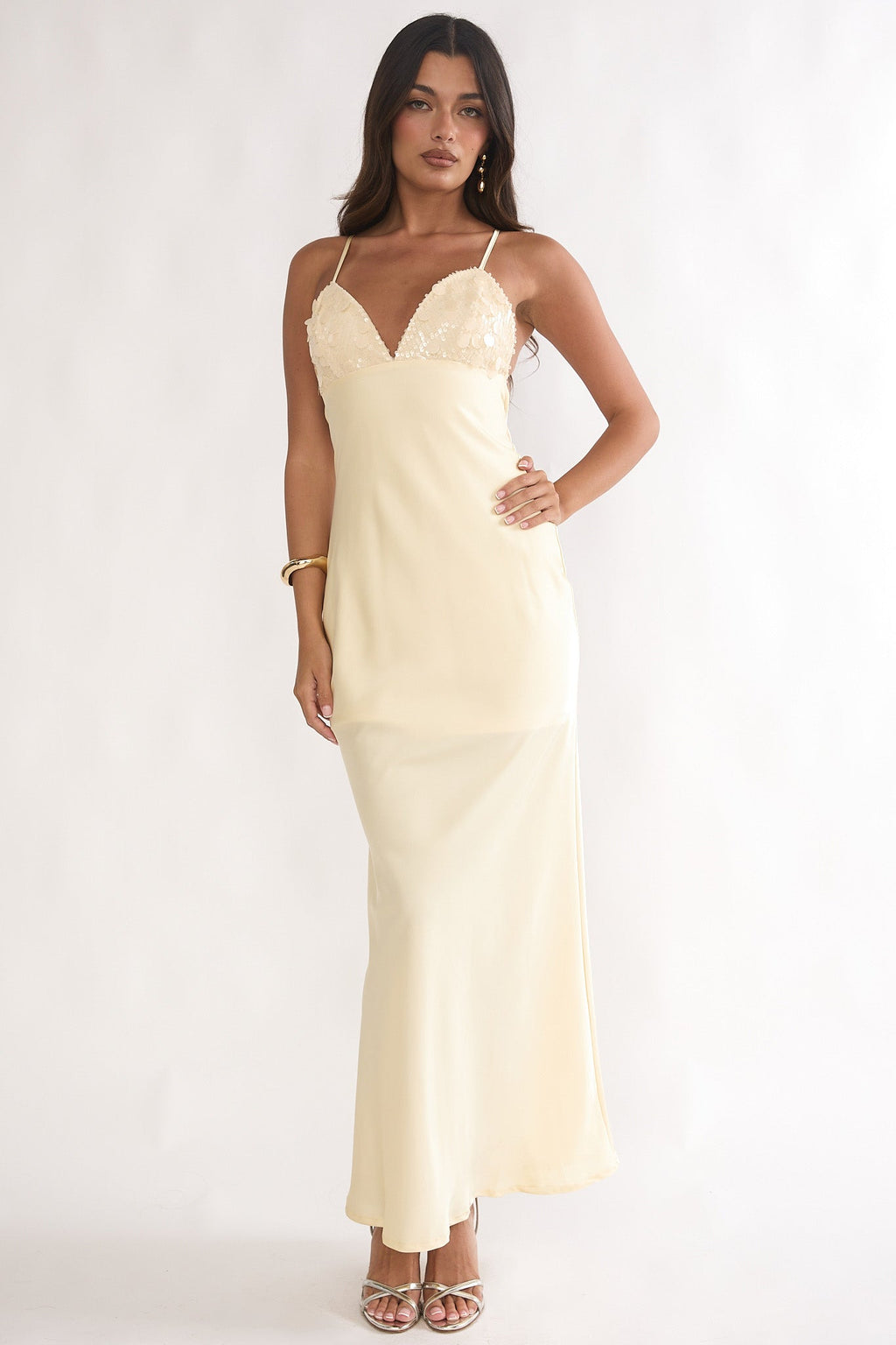 Brynn Sequin Bust Open Back Maxi Dress Butter