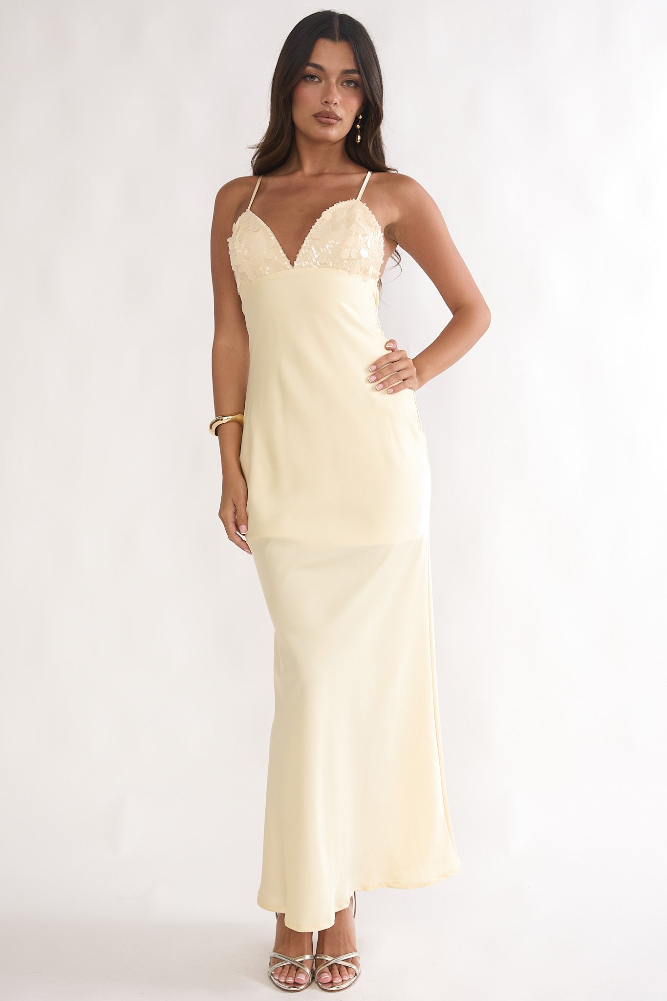 Brynn Sequin Bust Open Back Maxi Dress Butter