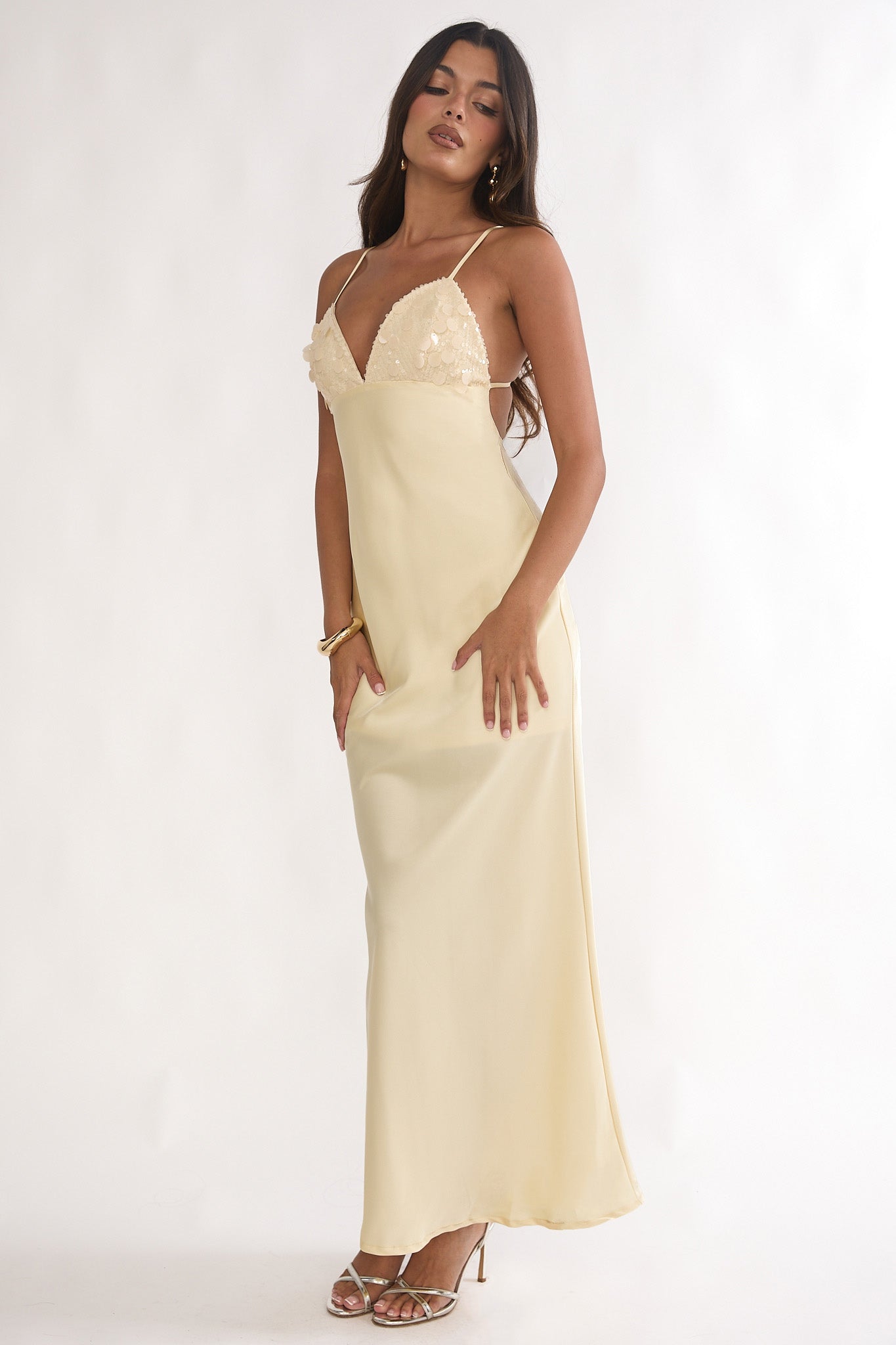 Brynn Sequin Bust Open Back Maxi Dress Butter