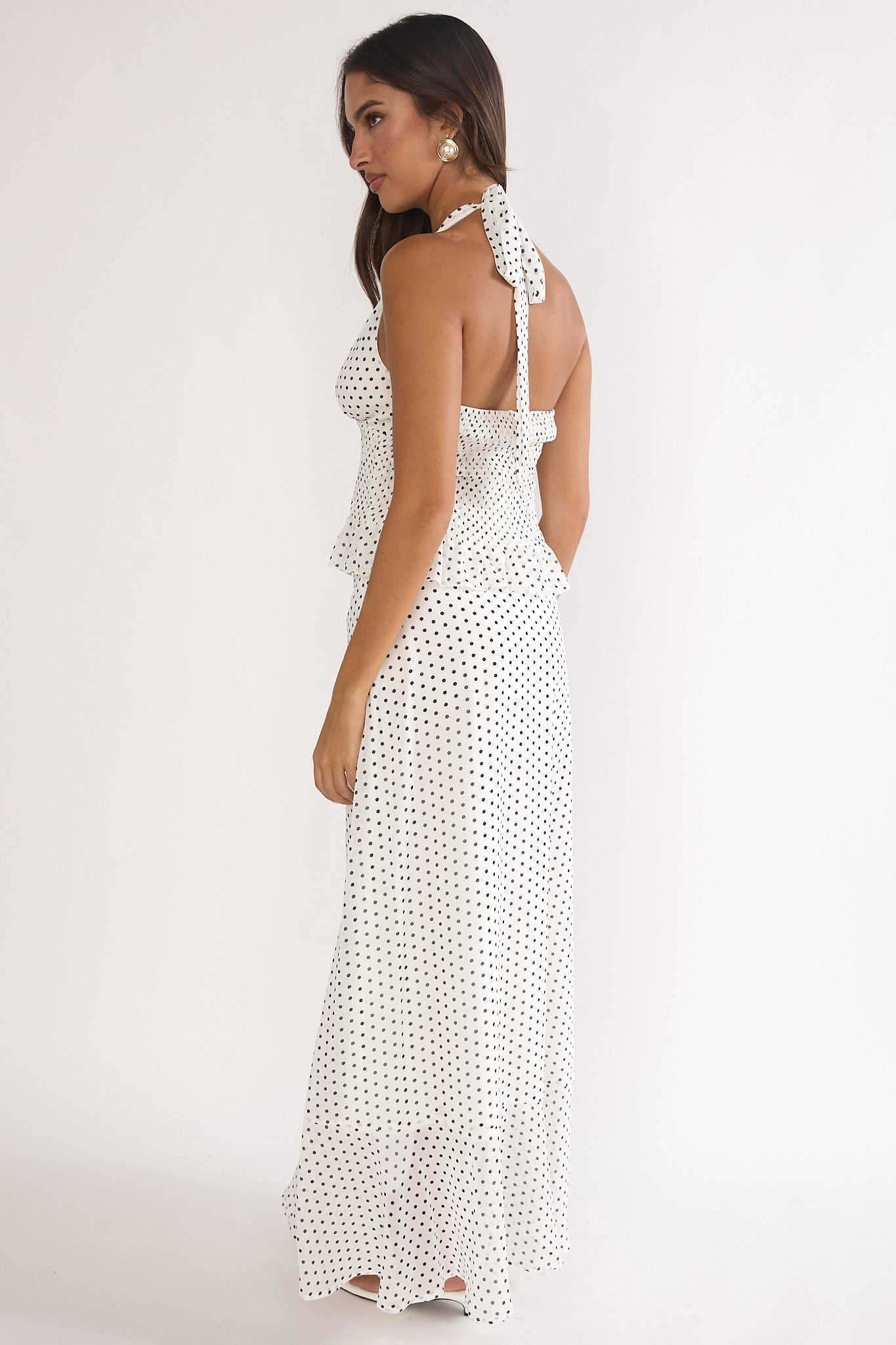 Caliah Ruffle Split Maxi Skirt Polka Dot Ivory