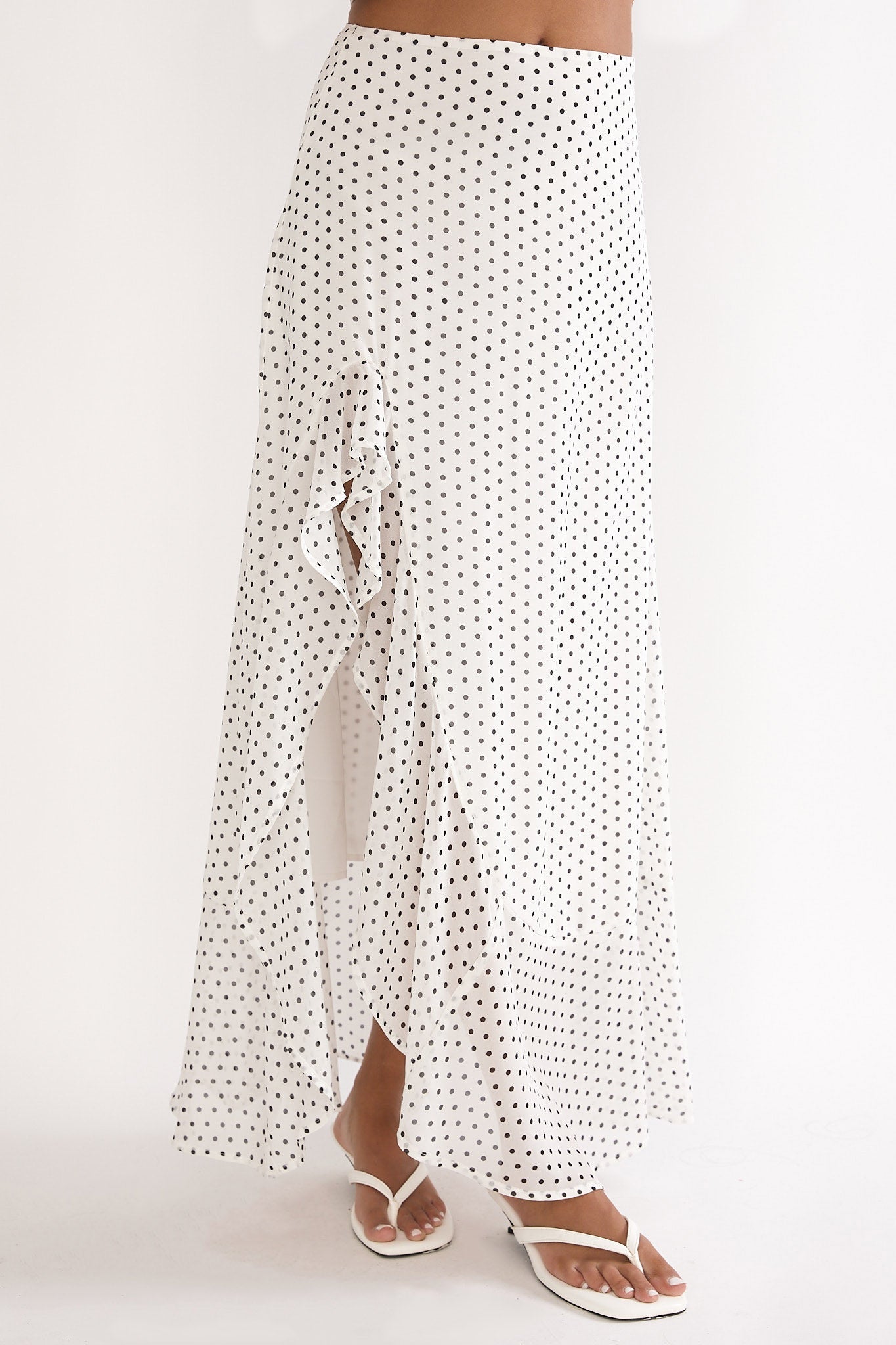 Caliah Ruffle Split Maxi Skirt Polka Dot Ivory