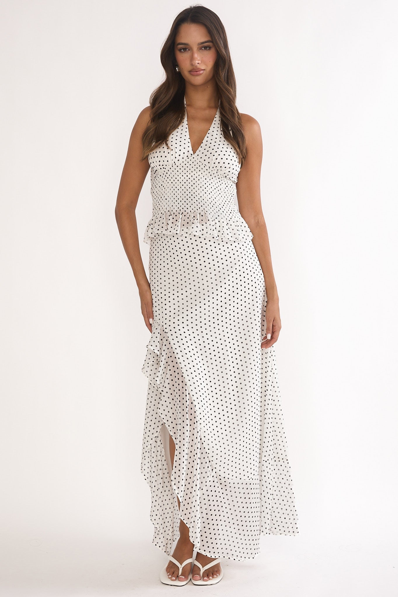 Caliah Ruffle Split Maxi Skirt Polka Dot Ivory