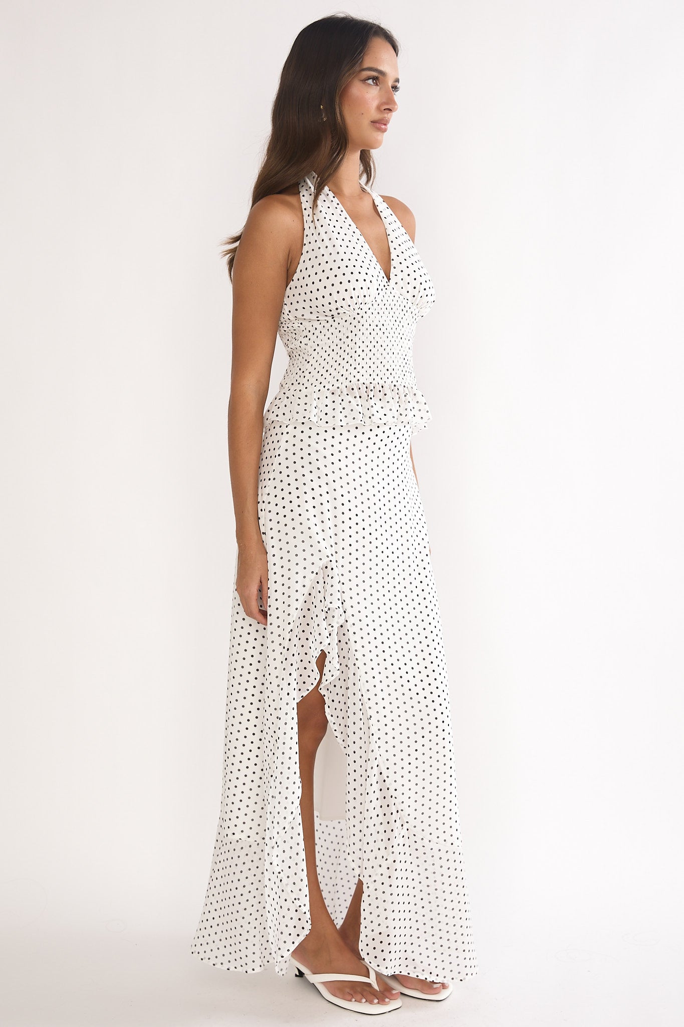 Caliah Ruffle Split Maxi Skirt Polka Dot Ivory