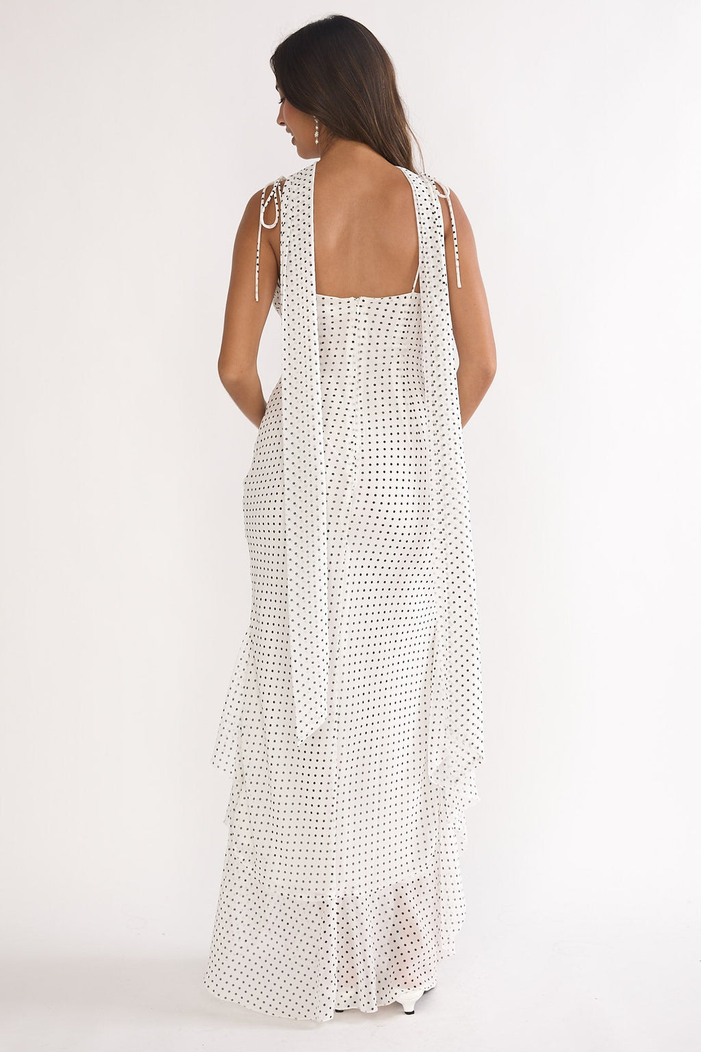 Emmara Tied Shoulder Maxi Dress Polka Dot White