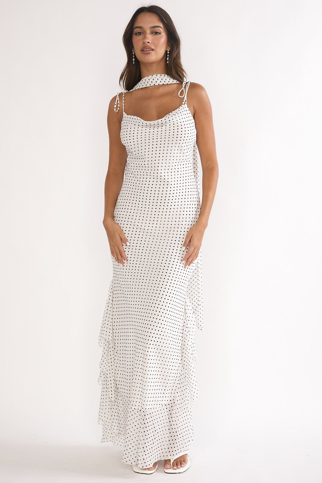 Emmara Tied Shoulder Maxi Dress Polka Dot White