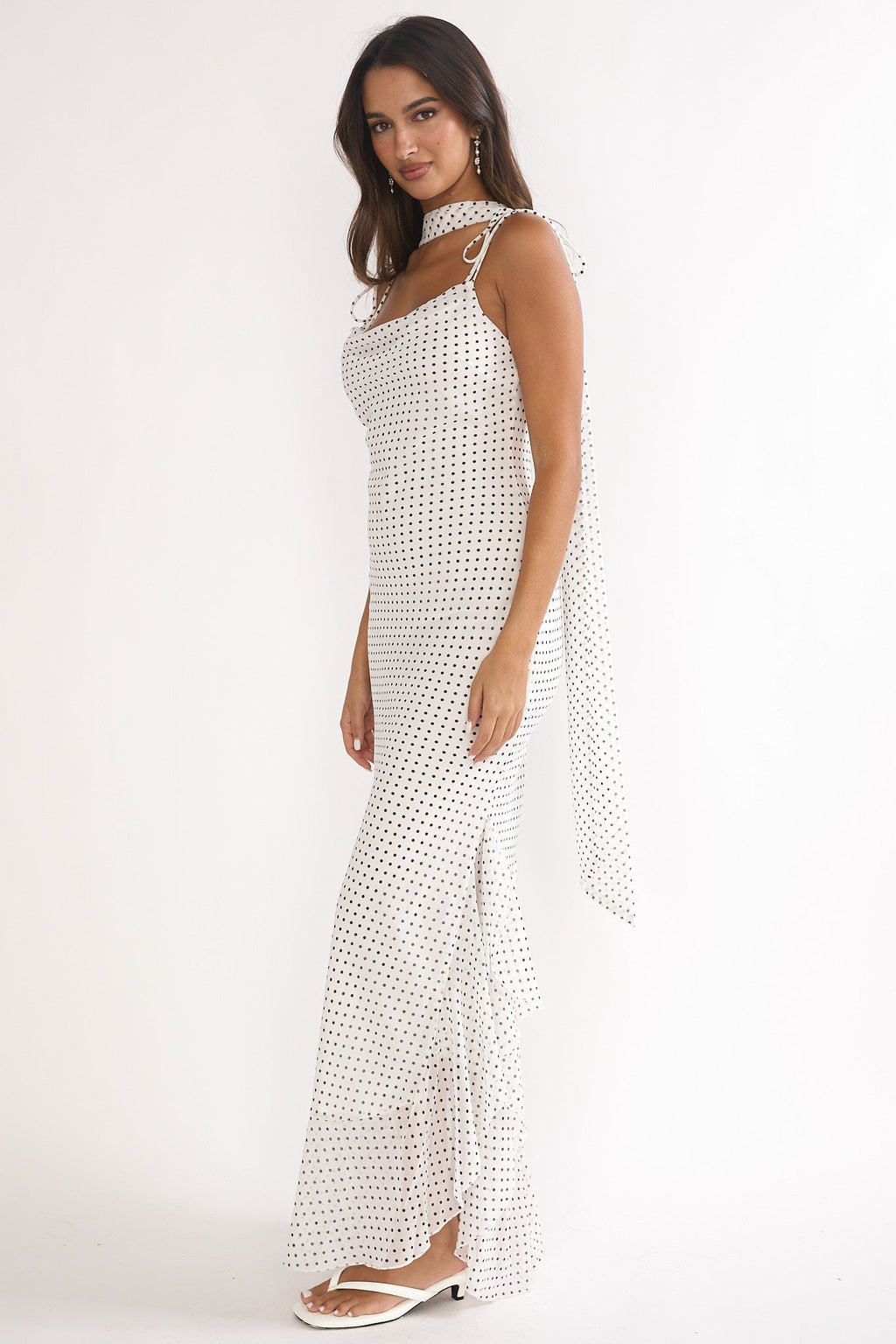 Emmara Tied Shoulder Maxi Dress Polka Dot White