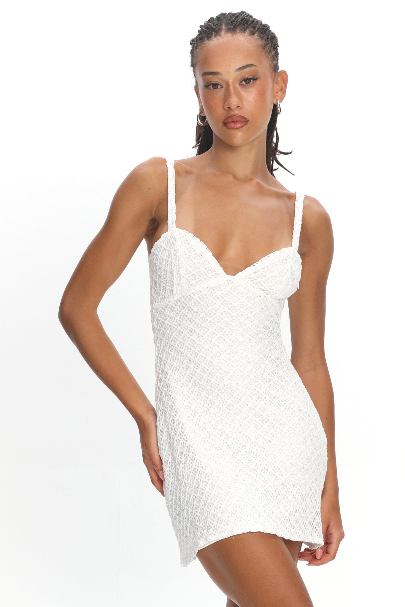 Honduras Crochet Knit Mini Dress Sequin Off White
