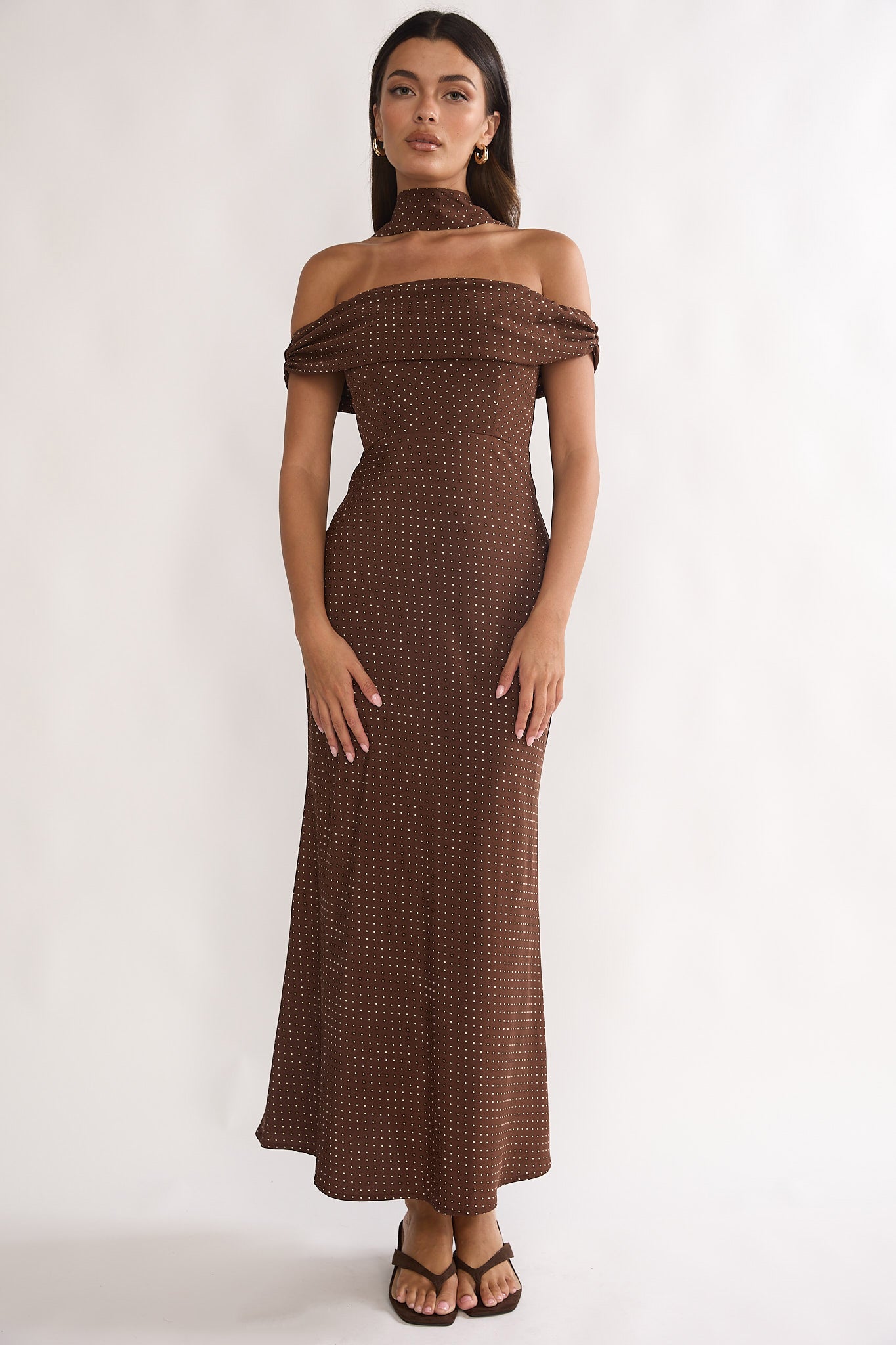 Alissa Off-Shoulder Maxi Dress Polka Dot Chocolate