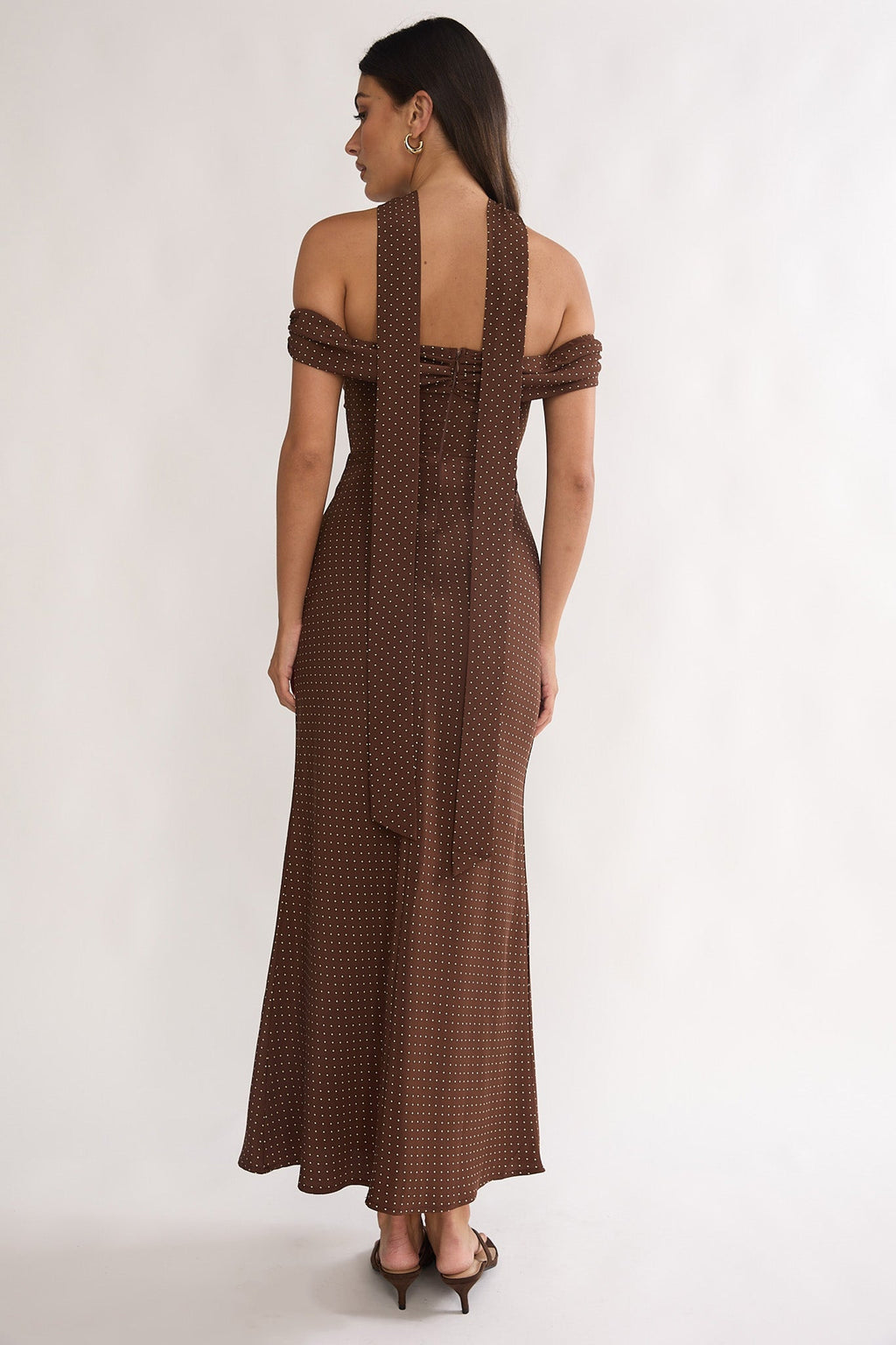 Alissa Off-Shoulder Maxi Dress Polka Dot Chocolate