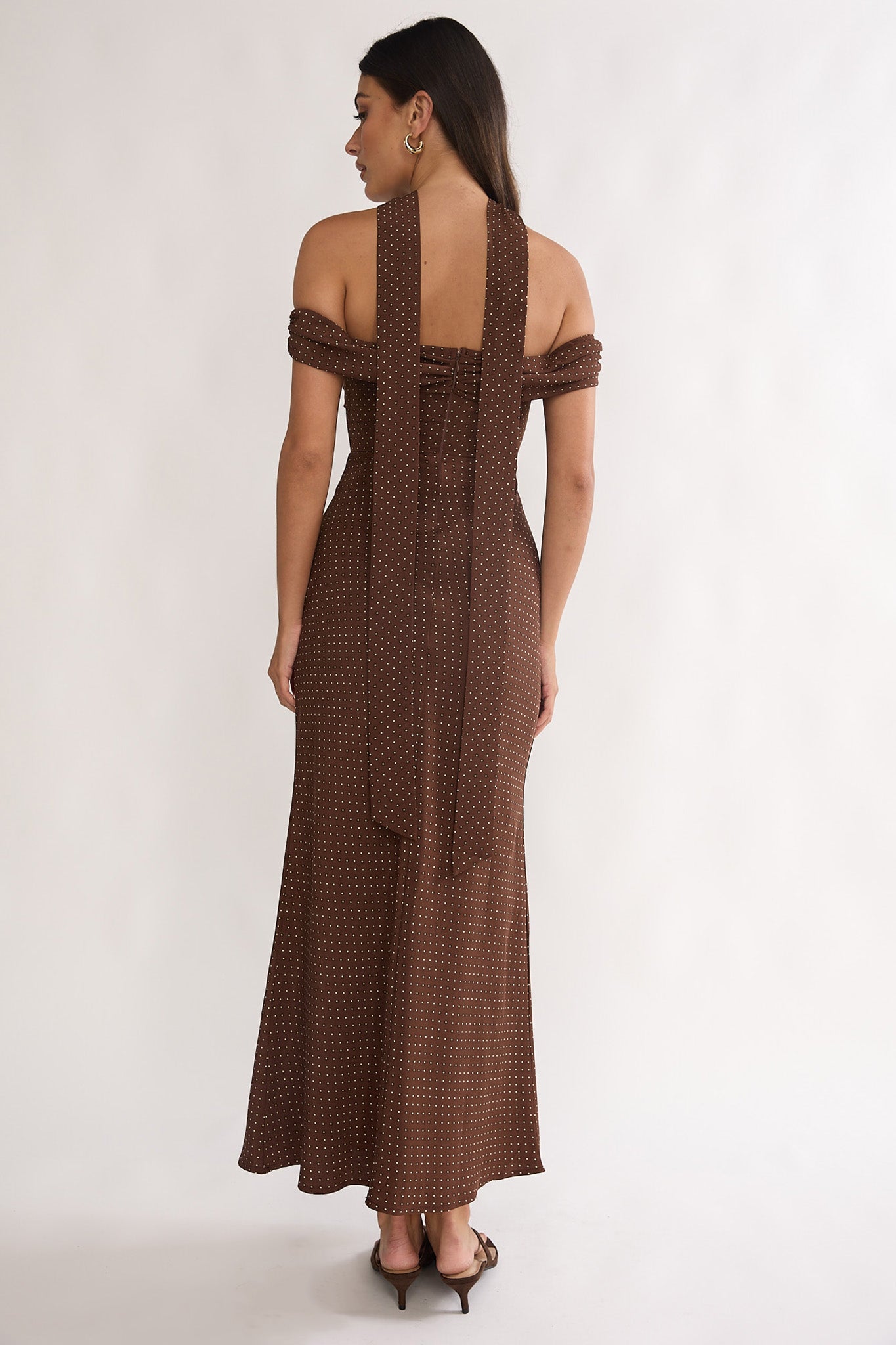 Alissa Off-Shoulder Maxi Dress Polka Dot Chocolate