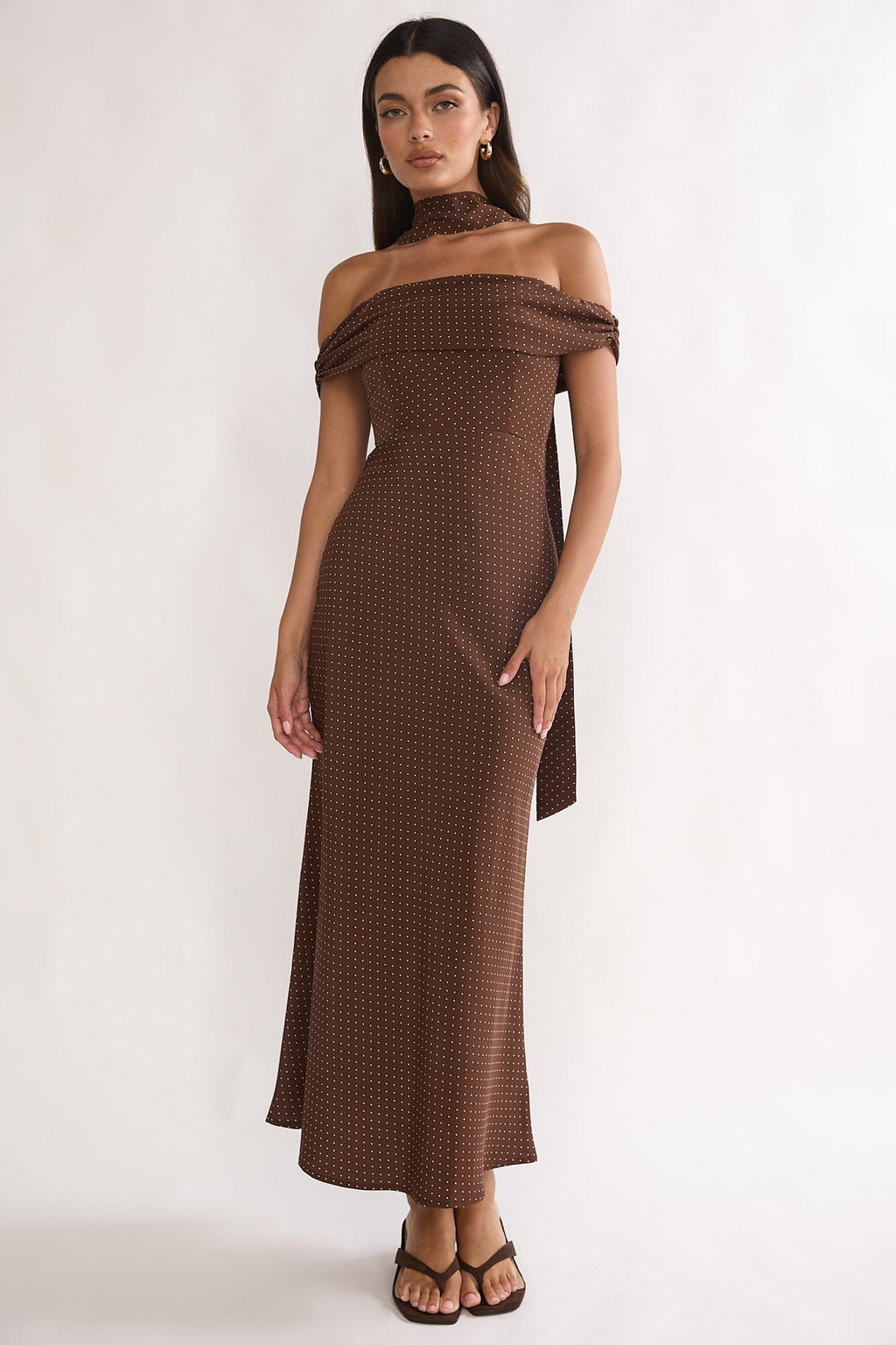 Alissa Off-Shoulder Maxi Dress Polka Dot Chocolate