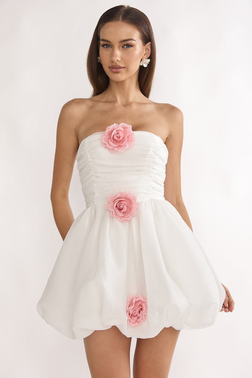 Cassandrae Rosette Strapless Mini Dress White