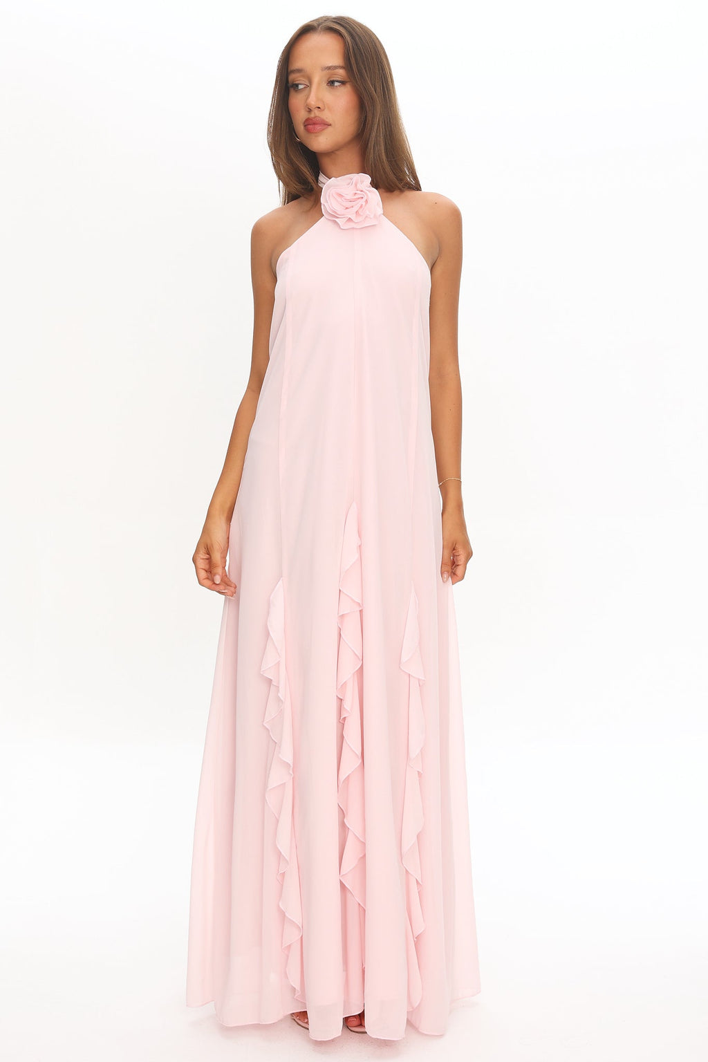 Lecce Halterneck Ruffle Trim Maxi Dress Blush