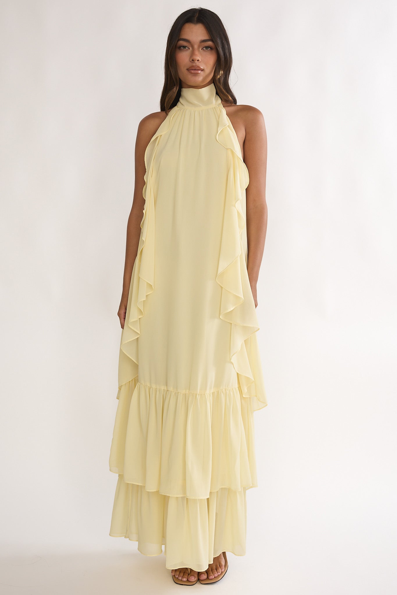Lorina Layered Ruffle Halterneck Maxi Dress Butter