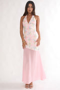 Arles Halterneck Sequin Embellished Maxi Dress Pink