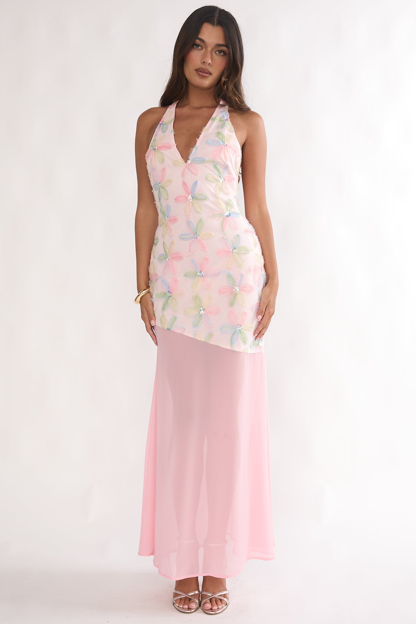 Arles Halterneck Sequin Embellished Maxi Dress Pink