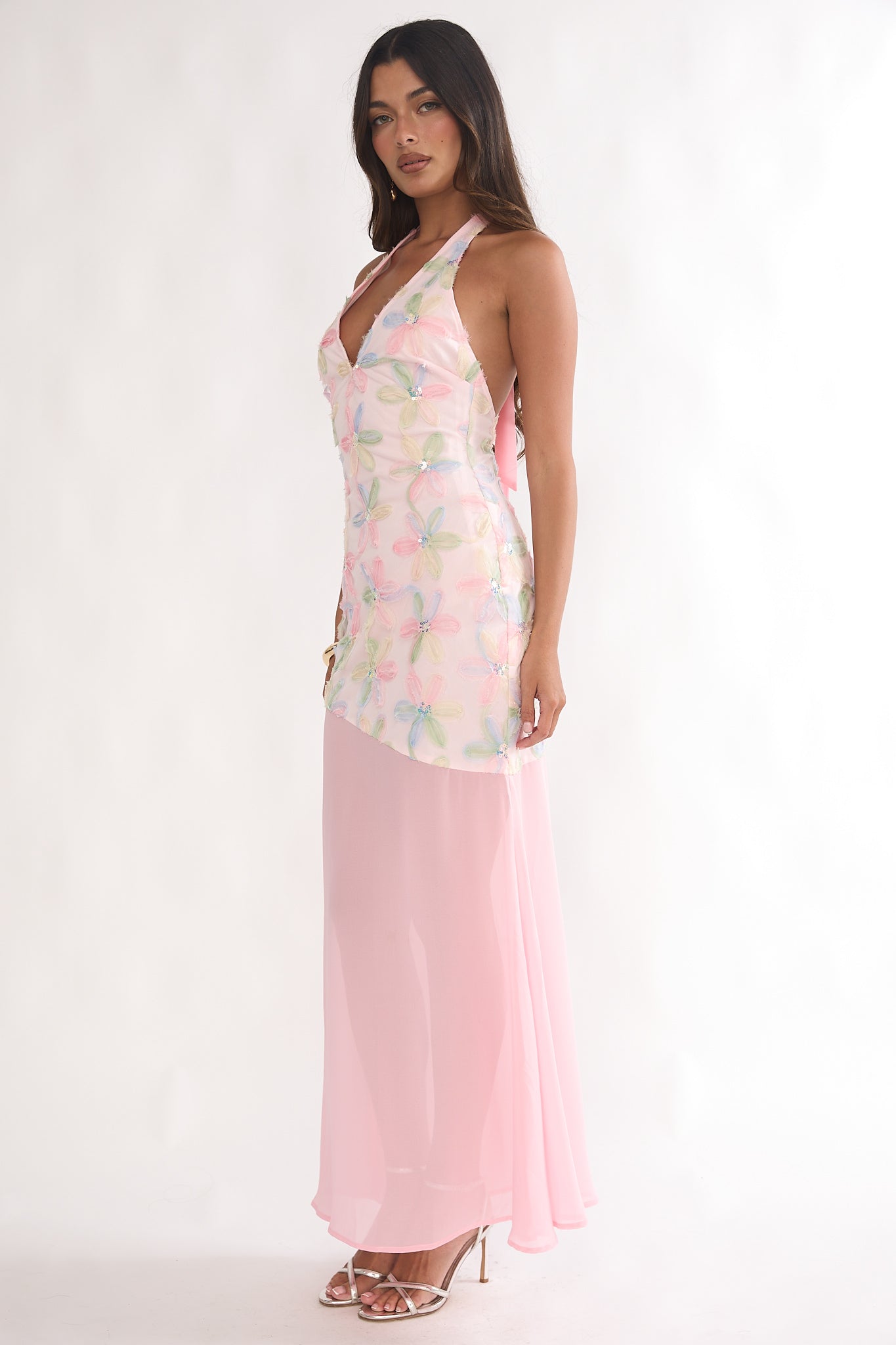 Arles Halterneck Sequin Embellished Maxi Dress Pink