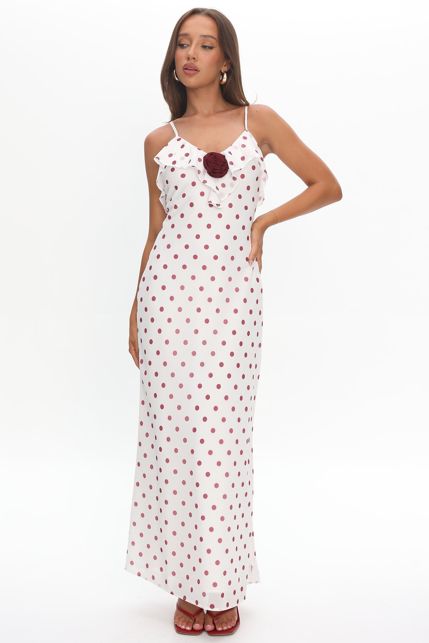 Bellissa Ruffle Bust Maxi Dress Polka Dot Red