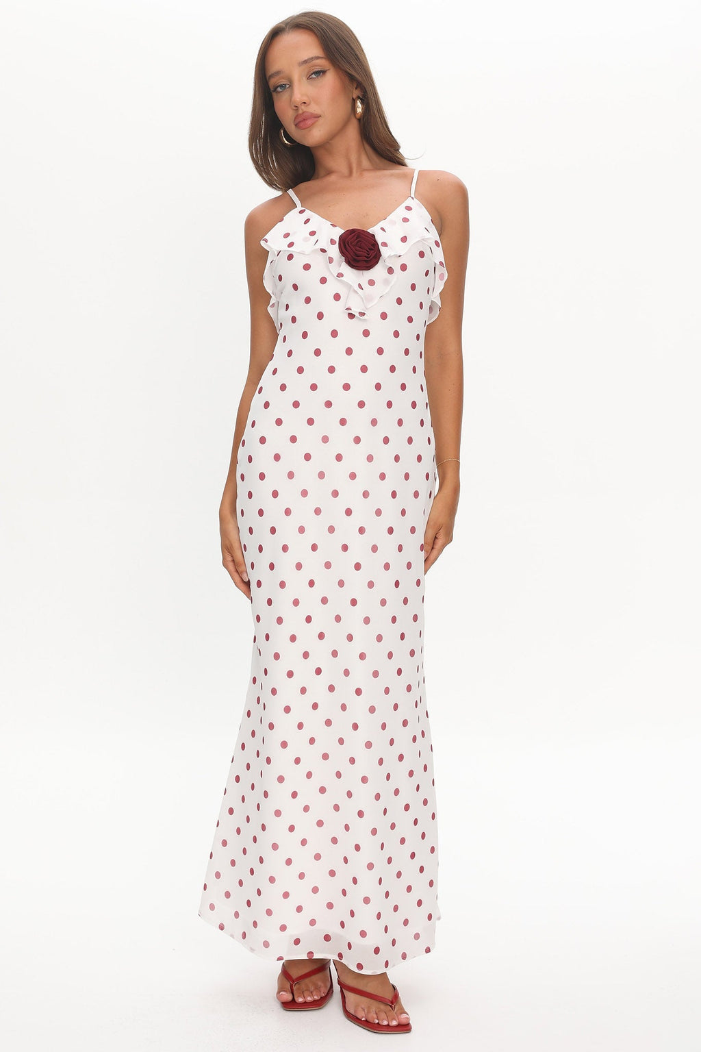 Bellissa Ruffle Bust Maxi Dress Polka Dot Red