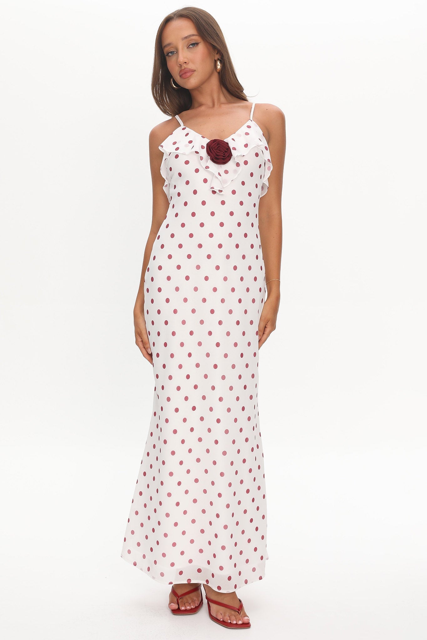 Bellissa Ruffle Bust Maxi Dress Polka Dot Red